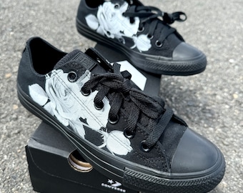 Black and White Rose Bouquet - Custom Black/Black Low Top Converse Chuck Taylor shoes for Women and Men