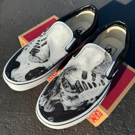 Skull and Butterfly Black Vans Slip on Shoes - Custom Vans