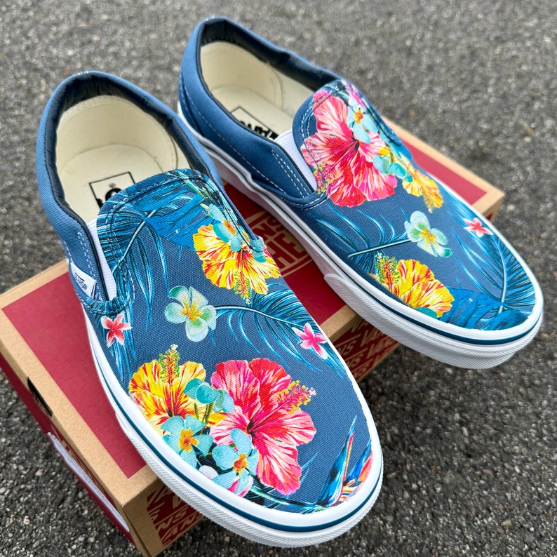 Tropical Floral Pattern on Navy Vans Slip On Shoes Men's and Women's Custom Vans Sneakers image 4