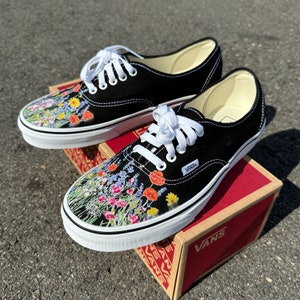 Flower Field Vans Authentic Shoes - Customized Black Authentic Vans for Men and Women