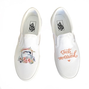 Just Married Wedding Vans Slip On Shoes - Men&#39;s and Women&#39;s Custom Vans Sneakers