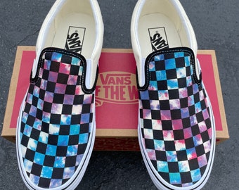 Tie Dye Galaxy Checker Slip on Vans - Etsy display picture 1