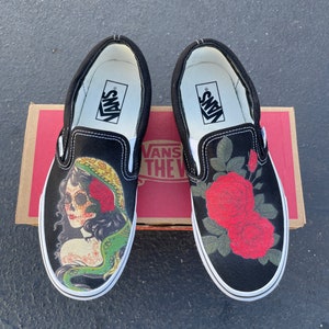 Roses Skull Woman Death Flower Art - Custom Slip On Vans Shoes Dia De Los Muertos Sugar Skull Girl