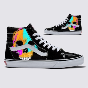 Colorful Skull on Black Vans Sk8-Hi Shoes - Men&#39;s and Women&#39;s Custom Vans Sneakers