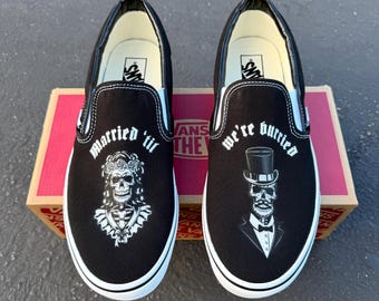 Married 'til We're Buried custom Wedding Vans Slip On Shoes - Men's and Women's Custom Vans Sneakers