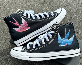 Custom Traditional Sparrow Tattoo on Black High Top Converse