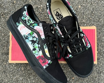 Whimsical Roses on Black/black Old Skool Vans Shoes