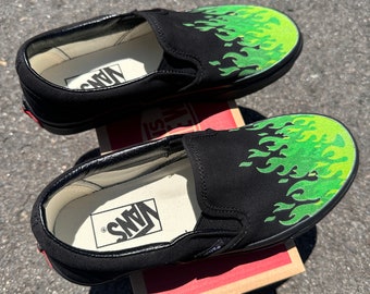 Green Fire Vans Slip Ons Hot Green Flame Shoes Custom Vans Black