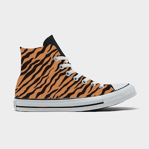 Tiger Pattern Converse High Top Shoes - Royal Bengal Tiger Design on Black Converse Chuck Taylor Shoes for Women and Men Unisex Sneaker