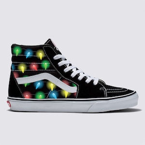 Christmas Lights on Black Sk8-Hi Vans Shoes - Men&#39;s and Women&#39;s Custom Vans Sneakers Xmas Party Sneakers