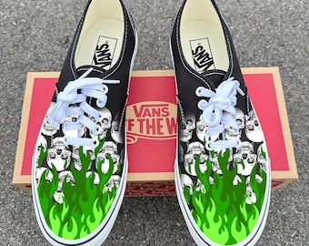Green Flames & Skulls Vans Authentic Shoes - Customized Black Authentic Vans for Men and Women