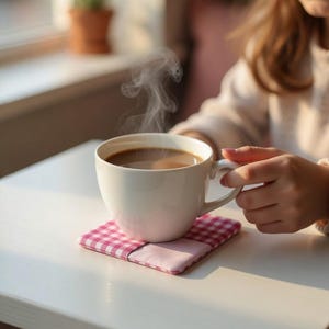 Puede incluir: Una taza de café blanca, llena de un líquido oscuro y humeante, descansa sobre un posavasos a cuadros rosa y blanco. La taza está sobre una mesa blanca, con una pequeña planta en maceta en el fondo. La escena está bañada por una suave luz solar.