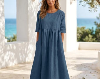 Oversized Cotton Maxi Dress with Pockets, Boho Smock Style, Casual Loungewear