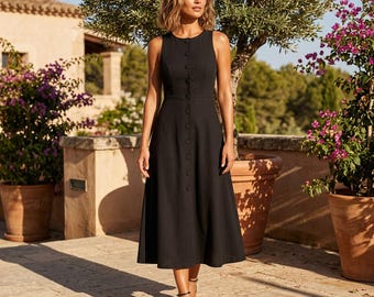 Sleeveless Midi Dress: Button-Down A-Line Summer Sundress with Fitted Waist
