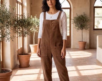 Corduroy Dungarees, Relaxed Fit Overalls, Vintage Style Jumpsuit, Casual Layering Romper