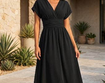 Elegant V-Neck Wrap Midi Dress: Flowy Pleated Waist, Summer Party Gown