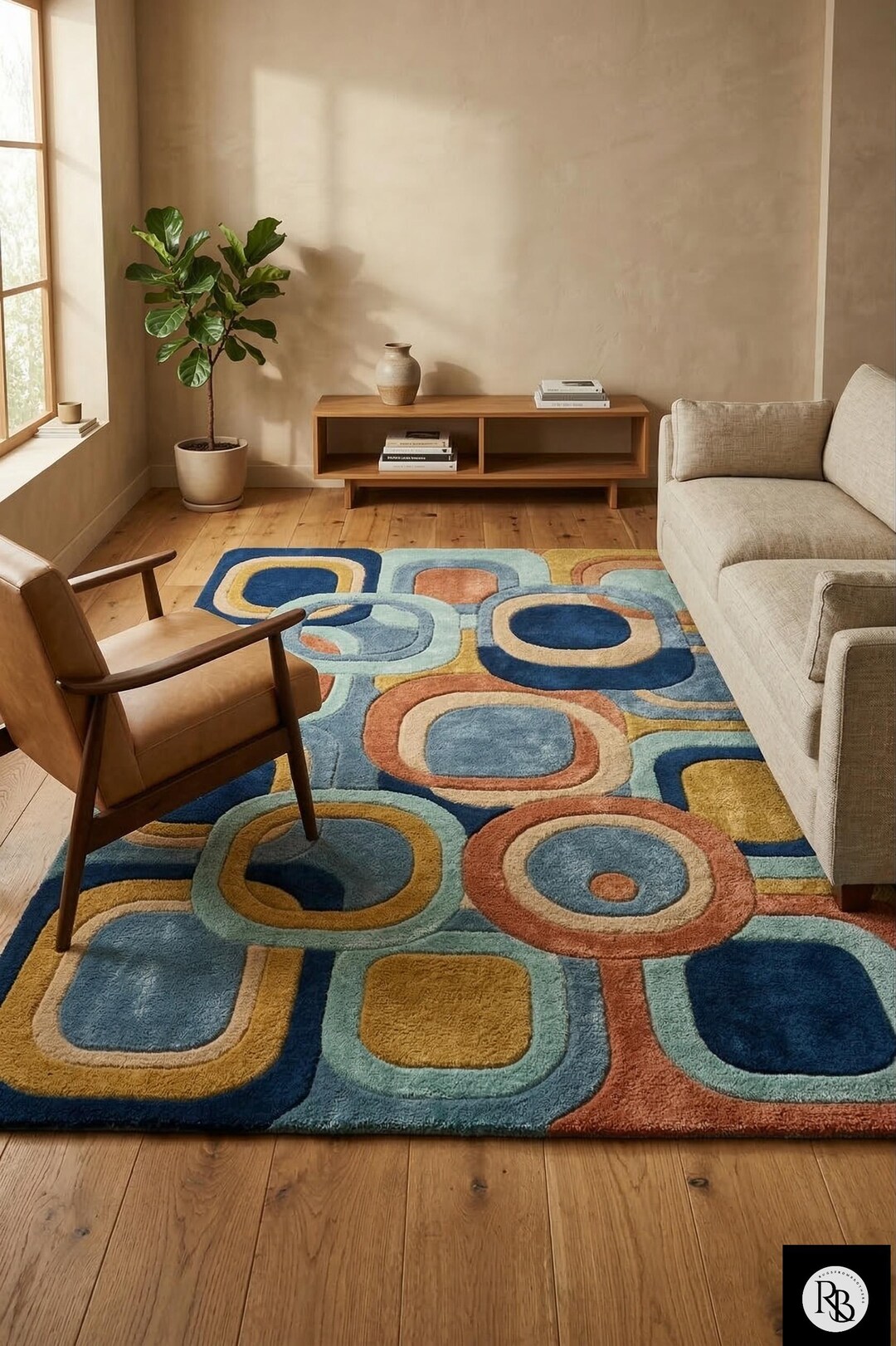 Hand Tufted Mid Century Modern Rug - Colorful Abstract Geometric Area ...
