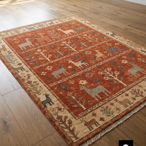 Hand Knotted Gabbeh Rug | Rust Red Village Scene, Tree of Life Wool Area Carpet