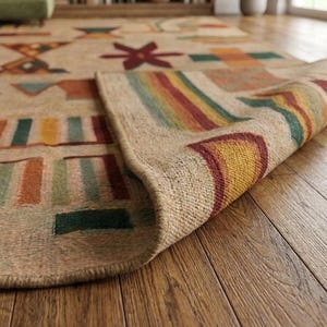 Può includere: Un tappeto beige con un motivo ripetitivo di forme geometriche in rosso, giallo, verde e blu. Il tappeto è parzialmente ripiegato, rivelando la trama tessuta e il lato inferiore. Un piccolo logo nero con le lettere RB si trova nell'angolo.