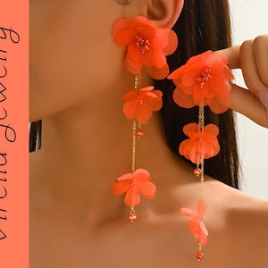 Pendientes Flor Coral De Organza Con Cadena Dorada Largo