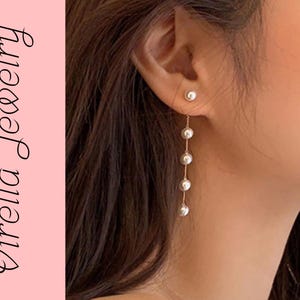 Gold Pearl Drop Earrings Long Dangle Chain Freshwater Pearl Minimalist Jewelry