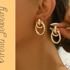 Pendientes Dorados de Aro Doble Entrelazado Estilo Minimalista Colgantes