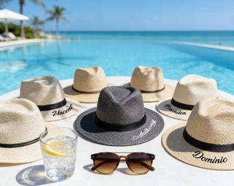 Fedora de paja personalizado para hombre, sombrero de sol Panamá bordado a medida, sombrero de regalo para padrinos de boda, sombrero de capitán de yate, sombrero de sol para despedida de soltero en la playa.