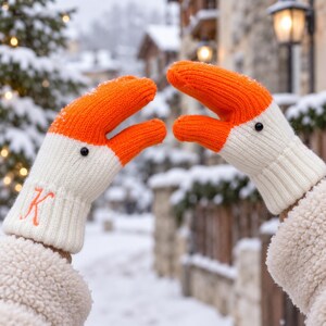 Personalized Goose Mittens, Custom Initial Knit Gloves, Silly Goose Gift, Funny Animal Winter Gloves, Christmas Gift for Friend