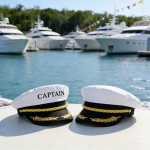 May include: Two white captain hats with black visors and gold accents. The word "CAPTAIN" is printed on the front of each hat. The hats are on a white surface with yachts in the background.