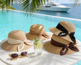 Cappello di paglia personalizzato con nome, cappello da sole con nastro ricamato personalizzato, regalo personalizzato per un viaggio tra amiche, cappello da spiaggia a tesa larga per donna
