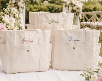 Embroidered Name Tote Bag with Pockets, Custom Canvas Zipper Utility Tote, Personalized Bridesmaid Gift Bags, Monogram Travel Beach Handbag