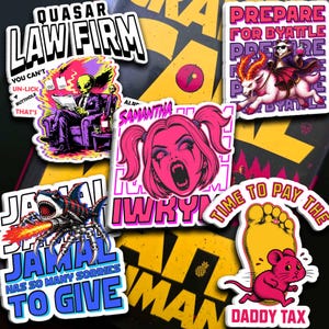 May include: A collection of five die-cut vinyl stickers featuring diverse graphic illustrations. Designs include a green alien in a suit, a pink-haired character, a shark with mechanical legs, a goat-riding figure, and a mouse under a giant foot.
