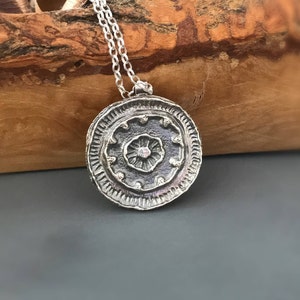 Seed Earth Mandala Necklace, sterling silver pendant, spiritual nature inspired jewelry, round pendant, oxidized, gift, boho necklace image 1