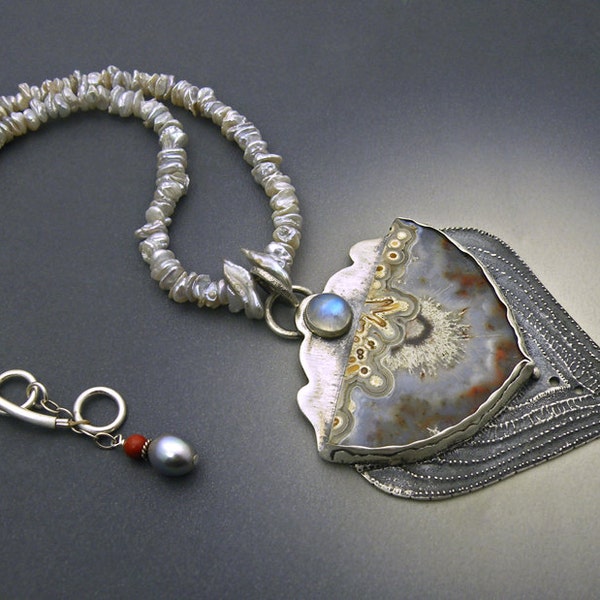 Reserved PP1:Stunning Crazy Lace Agate Moonstone Fine Silver Pendant Necklace