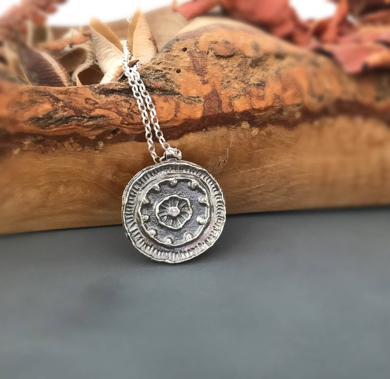 Seed Earth Mandala Necklace, sterling silver pendant, spiritual nature inspired jewelry, round pendant, oxidized, gift, boho necklace image 1