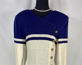 Vintage Navy and White Knit Dress Wool Blend Gold Buttons Raul Blanco