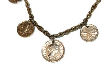 Vintage Charm Necklace Foriegn Coins