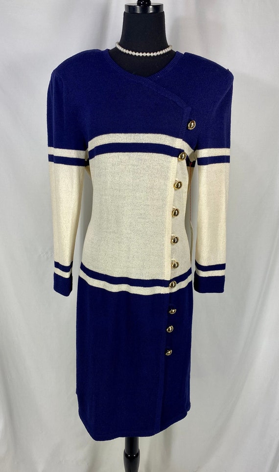 Vintage Navy and White Knit Dress Wool Blend Gold 