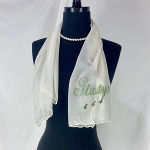 Vintage Scarf Cream Silk Chiffon Rectangular Scarf with Green Gladys Embroidery