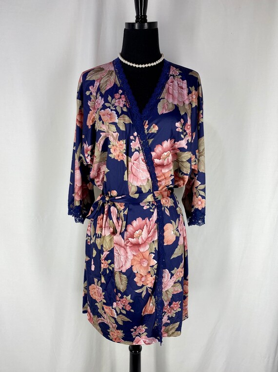 Vintage Lorraine Navy Robe with Pink Rose Flowers - image 2