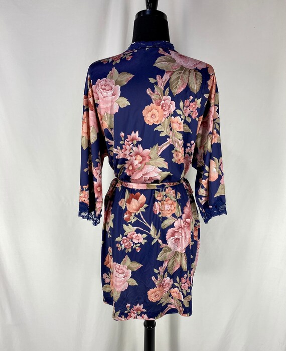 Vintage Lorraine Navy Robe with Pink Rose Flowers - image 5