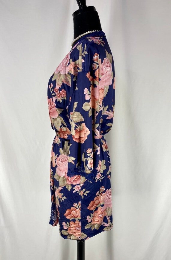 Vintage Lorraine Navy Robe with Pink Rose Flowers - image 6