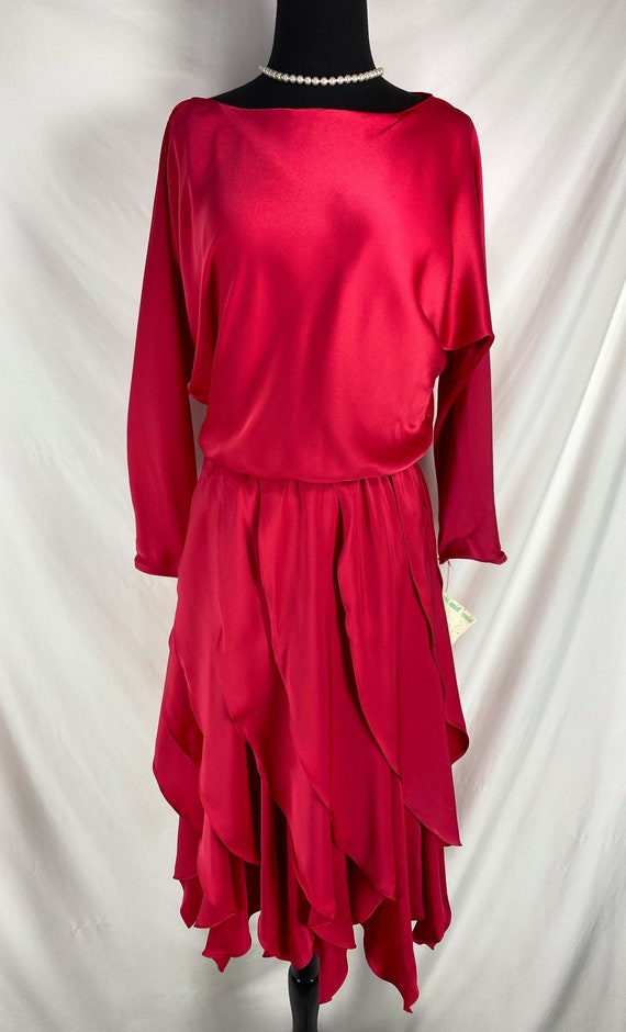 Vintage Party Dress AJ Bari Vertical Ruffles Red N