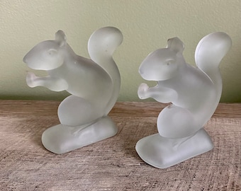 Vintage Pair Frosted Glass Squirrels Paperweights Figurines