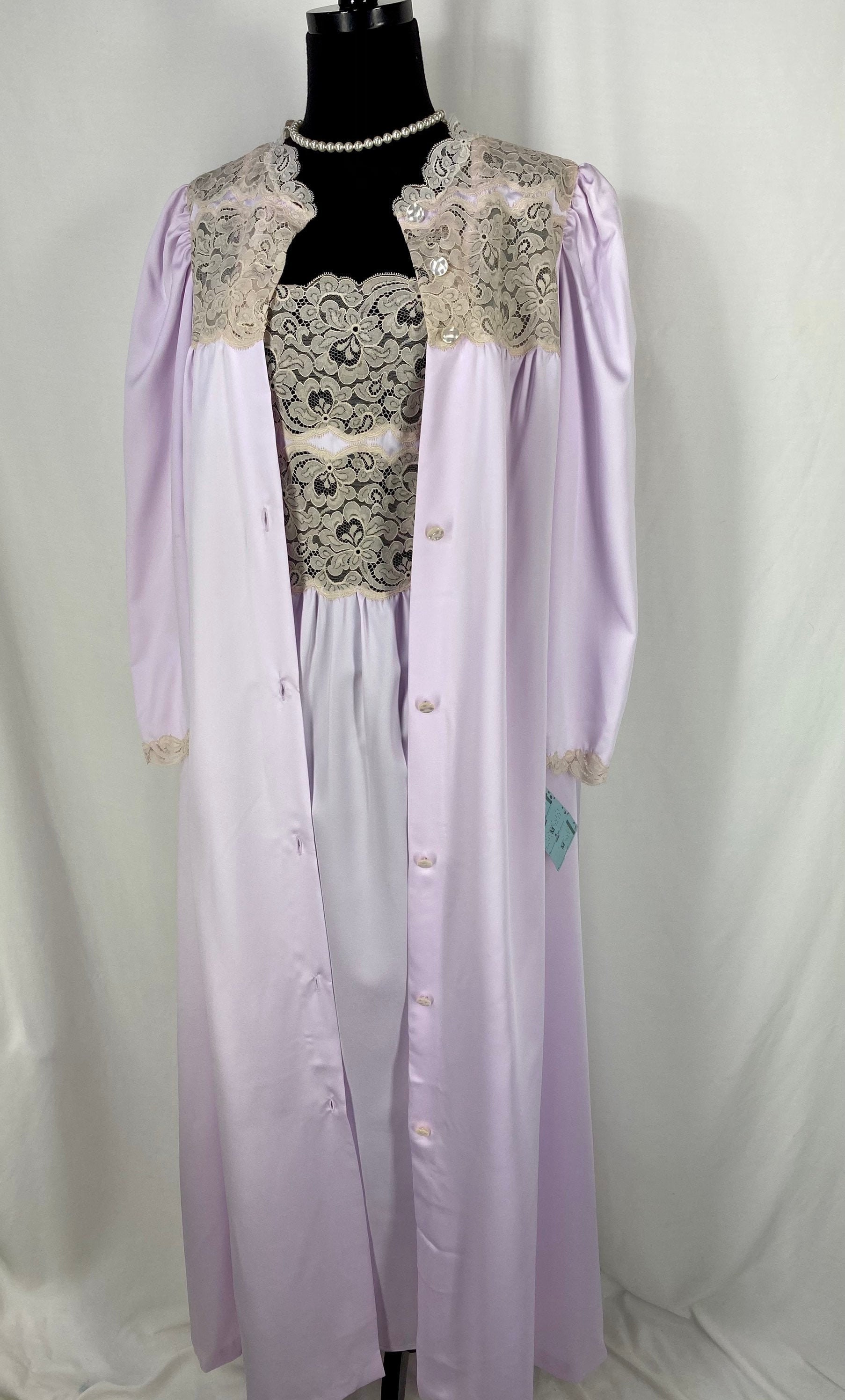 Ensemble Chemise De Nuit Vintage Eve Stillman - Manches Volants, Dentelle Blanche, Fleurs, Taille S