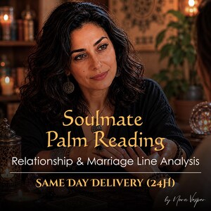Könnte beinhalten: Ein Bild, das einen Handleseservice bewirbt. Der Text lautet "Soulmate Palm Reading" und "Relationship & Marriage Line Analysis". Das Bild zeigt eine Frau mit dunklem Haar und den Text "SAME DAY DELIVERY (24H)".