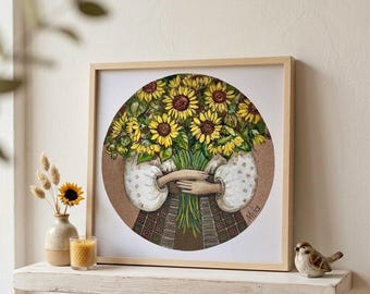 Sunflower Postcard, Ukrainian Girl Vyshyvanka Art, Faceless Mixed Media Folk Painting