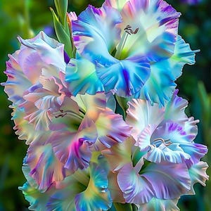 Peut inclure: Gros plan sur un bouquet de fleurs de glaïeuls vibrantes. Les pétales présentent une gamme étonnante de couleurs, notamment des nuances de bleu, de violet, de rose et de blanc. Les fleurs ont une texture froissée et se détachent sur un fond vert flou.