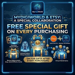 Op de afbeelding: Een digitale promotieafbeelding voor MyDigiWorld en Etsy met een donkerblauwe achtergrond en lichtblauwe oplichtende randen. De tekst luidt: MYDIGIWORLD & ETSY: A SPECIAL COLLABORATION, FREE SPECIAL GIFT ON EVERY PURCHASING en DM FOR GIFTS AFTER EVERY PURCHASING. De afbeelding toont iconen voor digitale filters, virtuele avatars, geluidseffecten en virtuele werelditems, afgebeeld als oplichtende geschenkdozen en zwevende gouden munten.