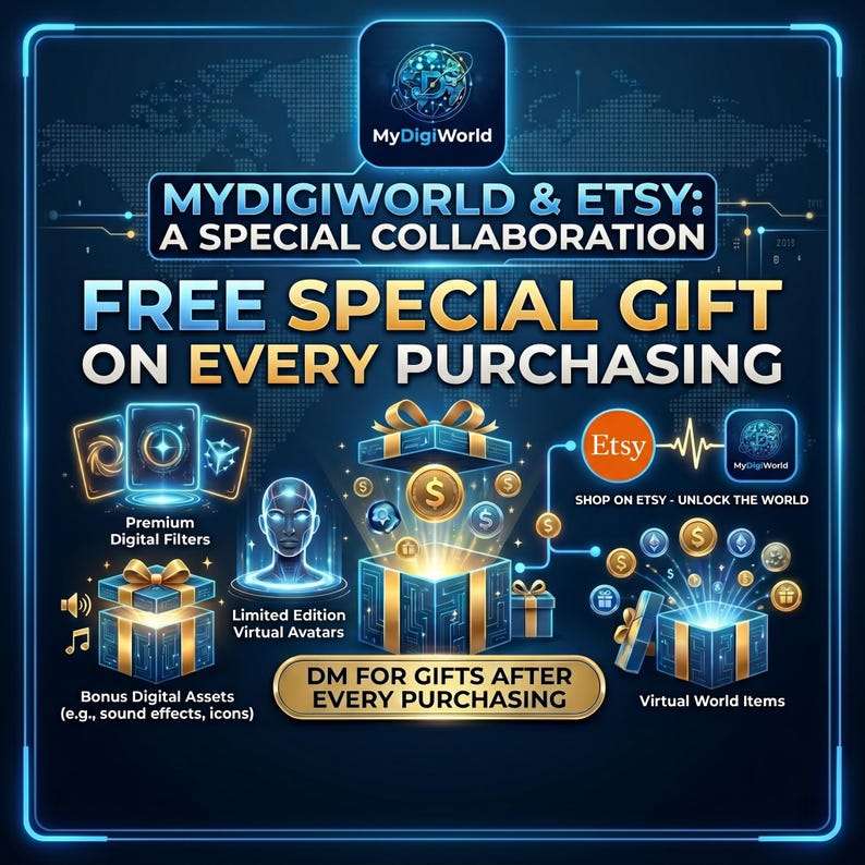 Op de afbeelding: Een digitale promotieafbeelding voor MyDigiWorld en Etsy met een donkerblauwe achtergrond en lichtblauwe oplichtende randen. De tekst luidt: MYDIGIWORLD & ETSY: A SPECIAL COLLABORATION, FREE SPECIAL GIFT ON EVERY PURCHASING en DM FOR GIFTS AFTER EVERY PURCHASING. De afbeelding toont iconen voor digitale filters, virtuele avatars, geluidseffecten en virtuele werelditems, afgebeeld als oplichtende geschenkdozen en zwevende gouden munten.